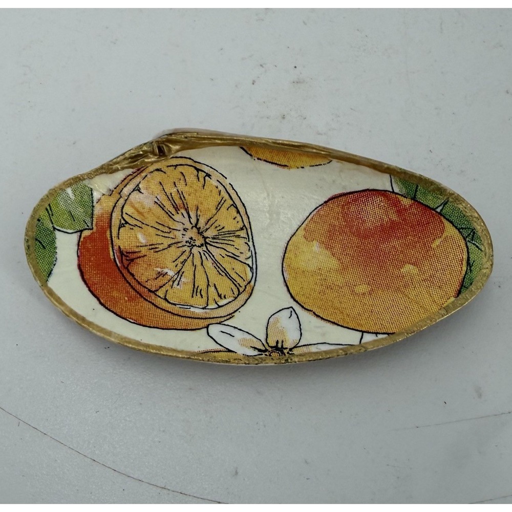 Coastal Citrus Pattern Clam Shell Jewelry Dish Gold Trim Beach Nautical Decor